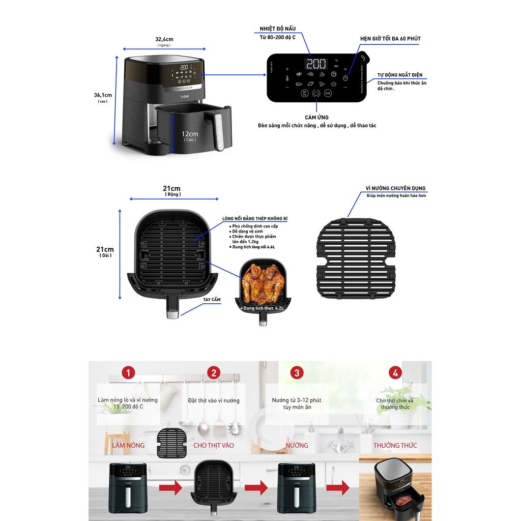 Nồi chiên không dầu Tefal 2in1 Easy Fry &amp; Grill Precision EY505815