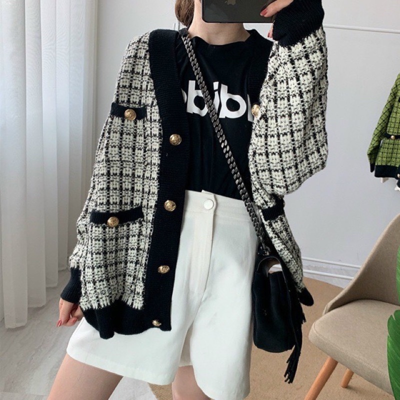 Áo cadigan len hoạ tiết, cardigan kiểu dáng rộng oversize hoạ tiết caro kim cương nhiều mẫu lựa chọn - shopbelinh