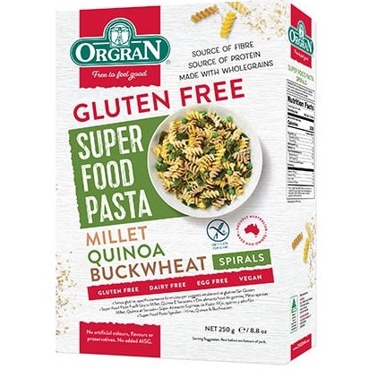 Nui hình xoắn lúa mạch, diêm mạch, hạt kê Orgran - Super Food Pasta Spiral Millet Quinoa Buckwheat 250g