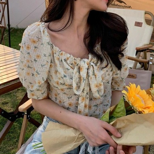 Áo Kiểu Tay Phồng Ngắn In Họa Tiết Hoa Thời Trang Mùa Hè Dành Cho Nữ