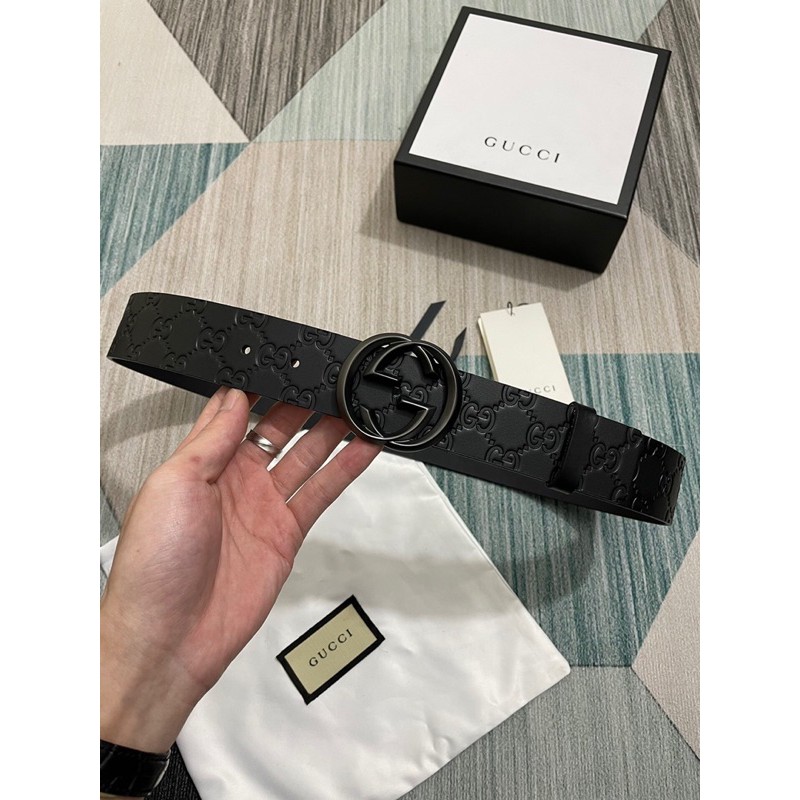 thắt lưng da in viền logo khoá chữ G đôi 4.0cm gucci GC GG