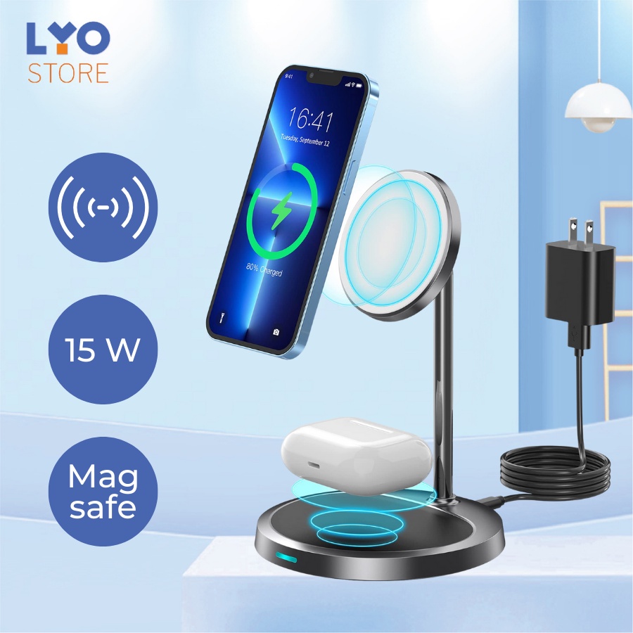 Đế sạc không dây đa năng 2 in 1 sạc điện thoại ipod, hỗ trợ sạc nhanh cho Iphone Samsung, có giá đỡ - Bảo hành 6 tháng