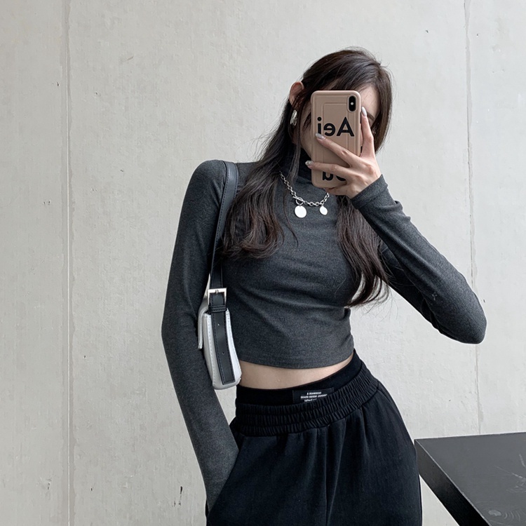 QKOOLE  Áo thun cổ cao dài tay màu trơn phong cách Hàn Quốc thời trang cho nữ