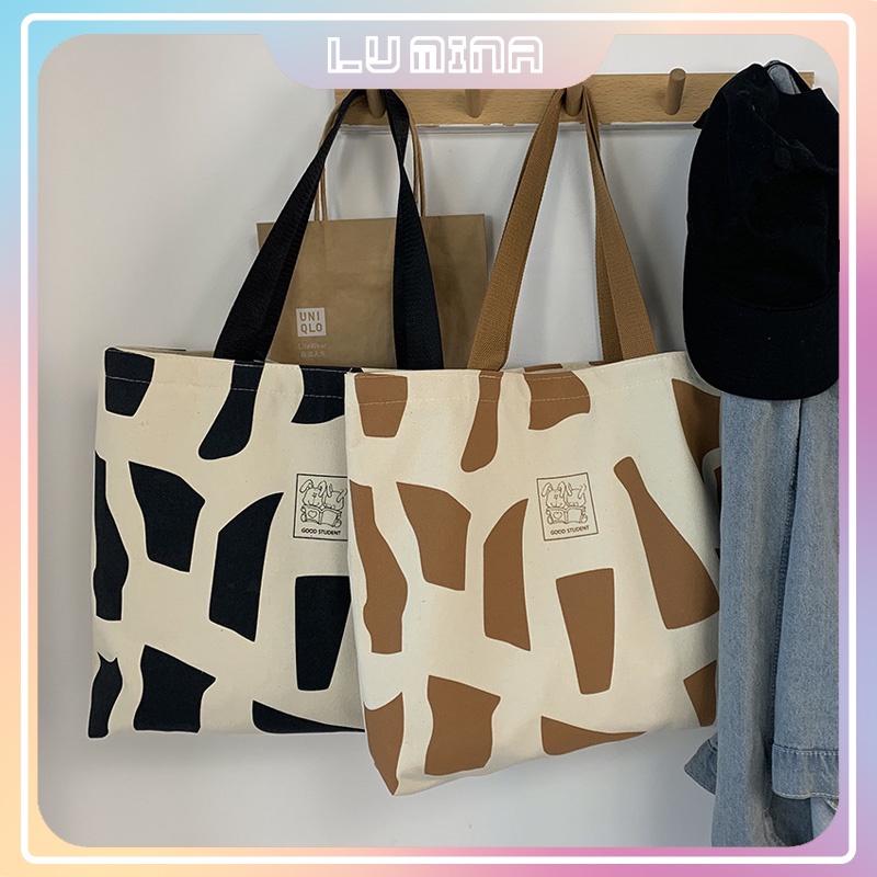 Túi tote túi vải canvas mềm phong cách Hàn Quốc có khóa miệng ngăn phụ bên trong họa tiết chữ đơn giản đi chơi đẹp T1005