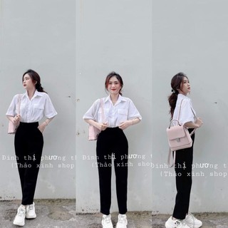 Áo sơ mi trắng cộc tay 2 túi phối quần tây khóa cúc lệch đai học sinh