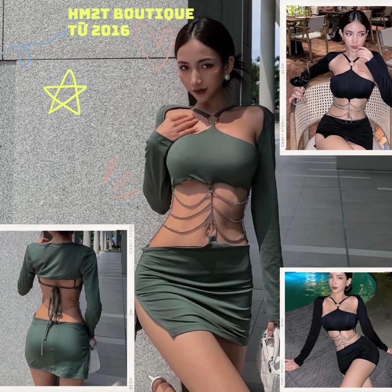 𝐀̉𝐧𝐡 𝐭𝐡𝐚̣̂𝐭 𝟏𝟎𝟎% Đầm body cổ yếm phối xích cao cấp sang chảnh
