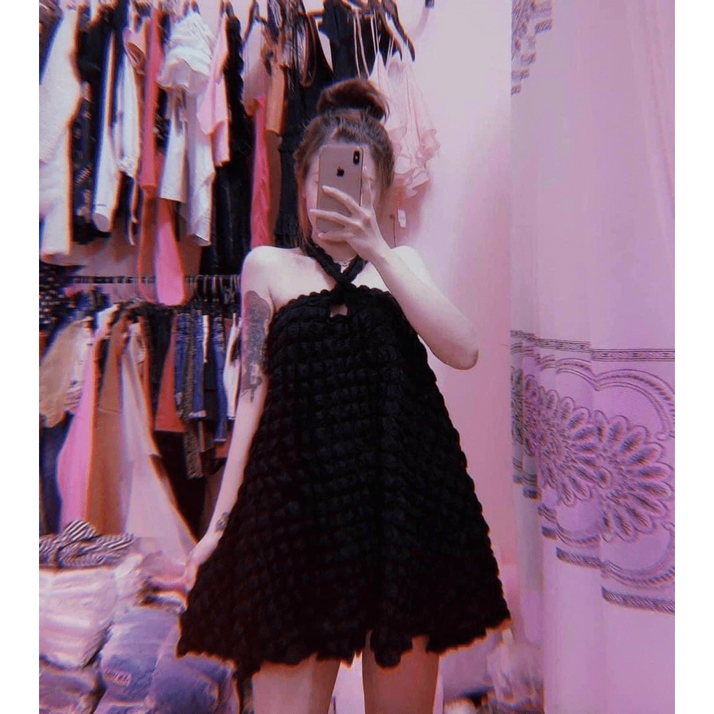 Đầm xốp 2 dây chéo ngực cổ yếm dáng xòe, váy xốp ô vuông hở ngực babydoll đi chơi dễ thương