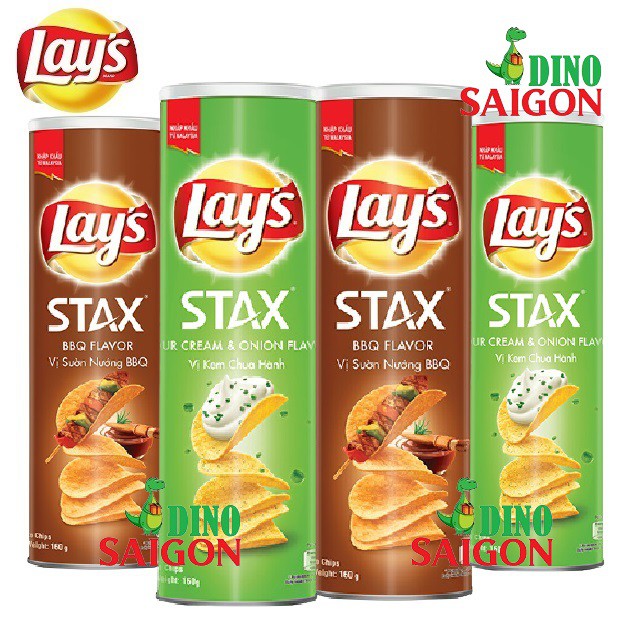 Combo 4 Hộp Bánh Snack Khoai Tây Lay's Stax Malaysia 160g gồm 2 vị Kem Chua Hành và 2 vị Sườn nướng BBQ