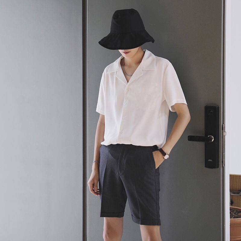 Áo sơ mi tay ngắn nam nữ form rộng, sơ mi cổ vest unisex Hàn Quốc, chất vải lụa dãn