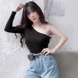 Áo lệch vai 1 ống tay thun lụa ôm body co giản tốt - Kèm hình thật và feedback của khách