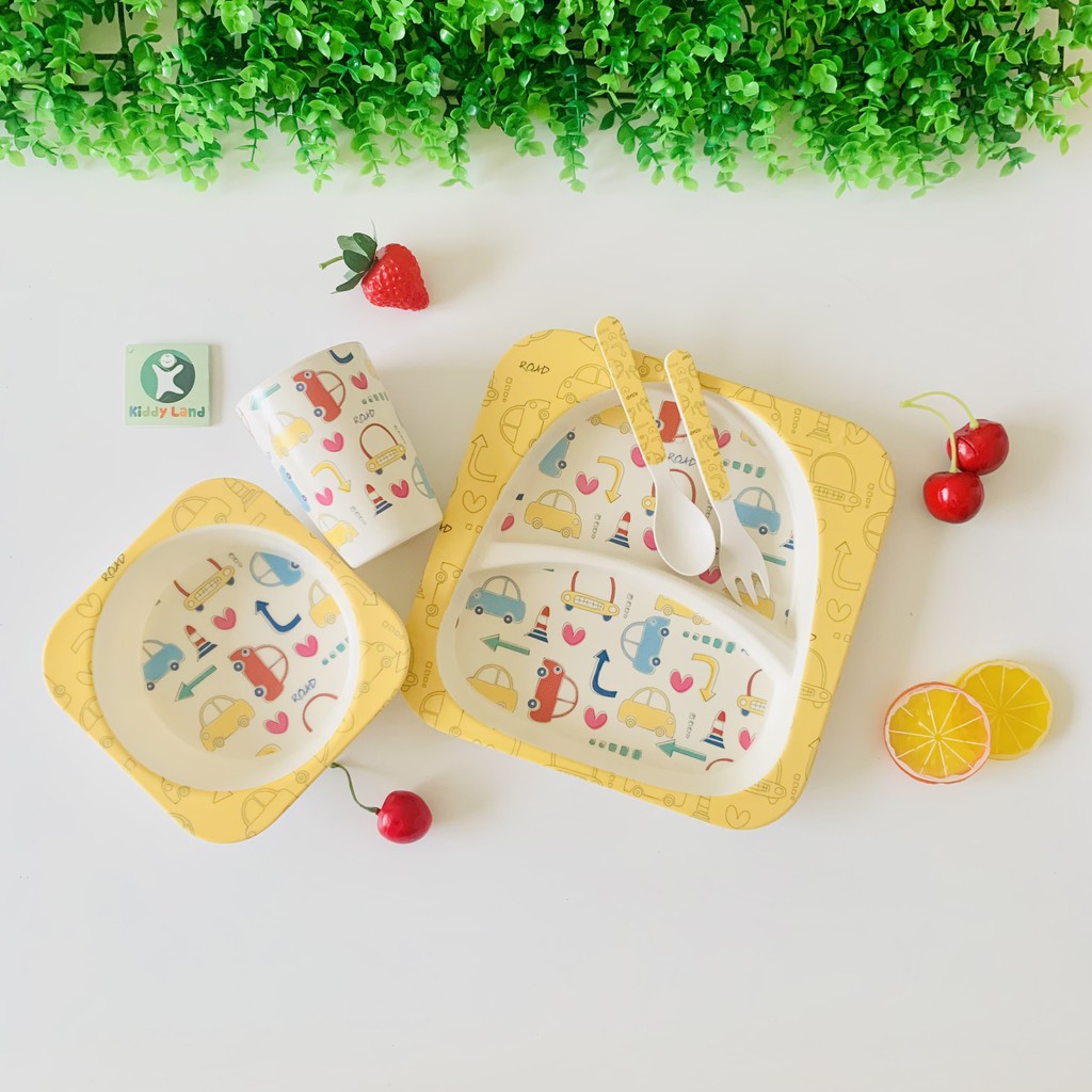 Bộ khay bát ăn dặm sợi tre BAMBOO hình thú - Set 5 chi tiết gồm khay, bát, cốc, thìa, dĩa cho bé tập ăn