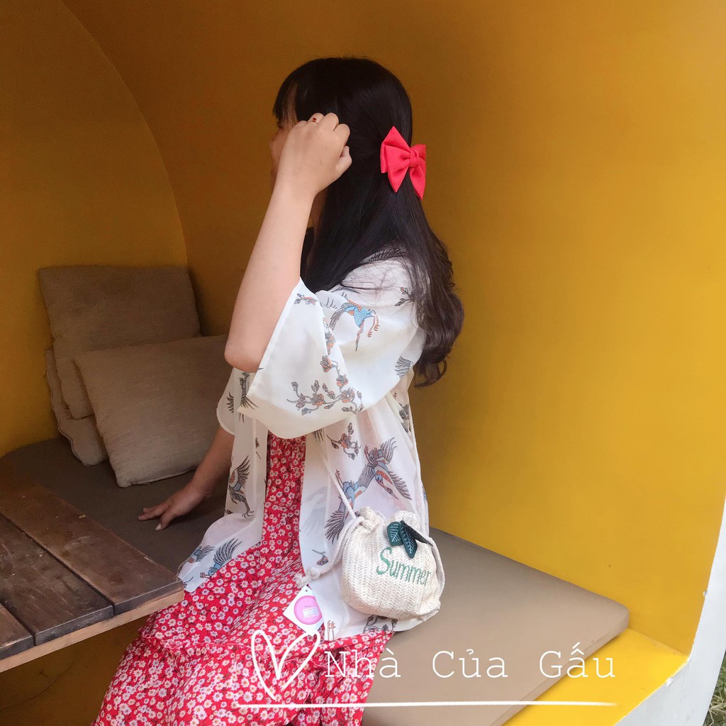 Áo khoác kimono voan họa tiết hạc mới 2020