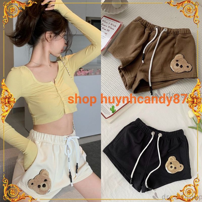 Ảnh thật Quần short lưng cao có dây rút thêu nổi hình gấu,quần tập gym,mặc nhà chất thun co giản thoáng mát ullzang hàn