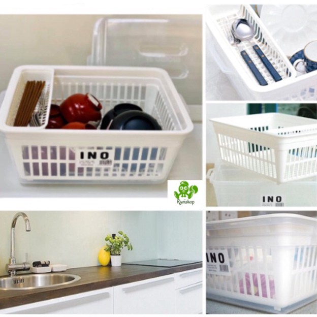 Rổ úp bát đĩa Inomata nội địa Nhật Bản có nắp đậy, giá đựng chén bát
