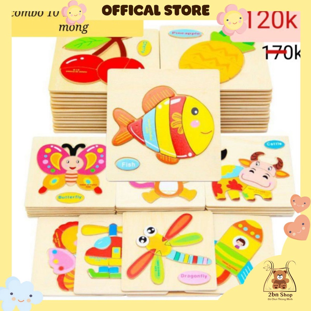 Combo 10 tranh ghép 3d đồ chơi gỗ ghép hình thông minh cho bé
