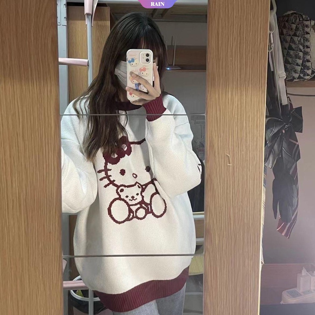SANRIO Áo Sweater Chui Đầu Dáng Rộng In Hình Hello Kitty Dễ Thương Cho Nữ Sinh Phong Cách Học Sinh Mùa Thu Đông