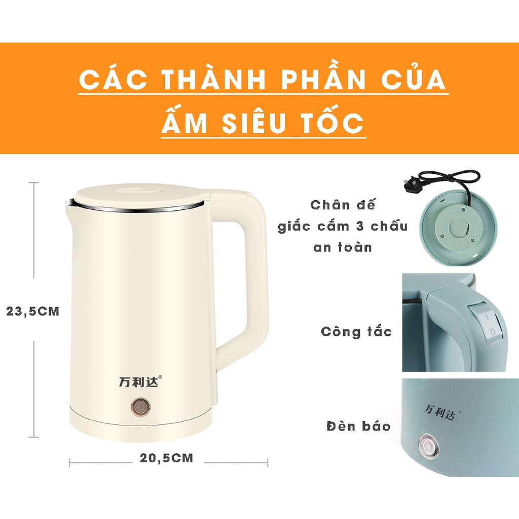 Ấm Đun Nước Siêu Tốc 2,3L Vỏ Nhựa Cách Nhiệt An Toàn, Sôi Nhanh Với Công Suất 1500W (Tặng ổ 3 chân sang 2 chân)