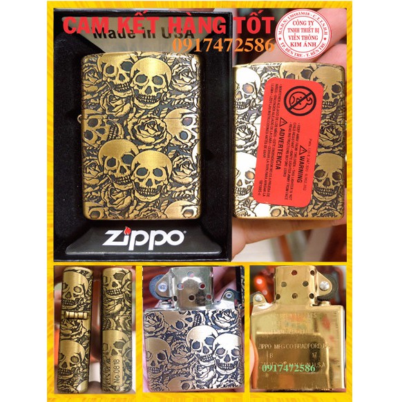 Vỏ Bật Lửa Zippo Đầu Lâu Khắc Chìm - Vàng - Đáy Lồi