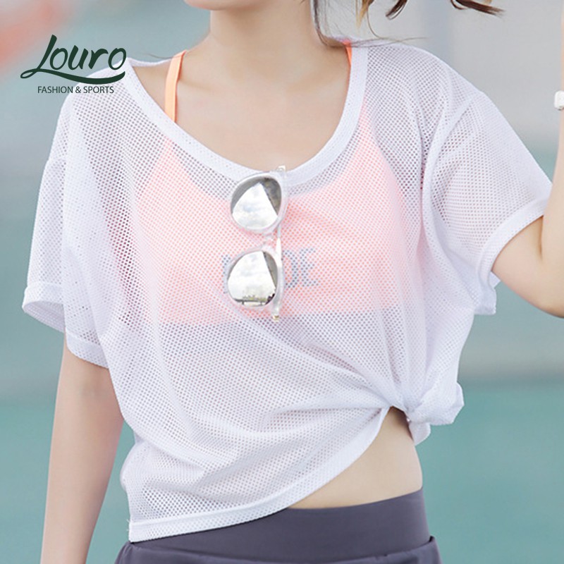 Áo lưới tập Gym Louro AL11, kiểu áo lưới thể thao, chạy bộ, áo lưới đi biển vải lưới thông thoáng