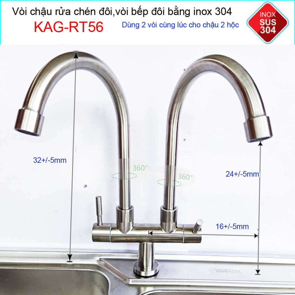 Vòi rửa chén đôi Inox SUS304 KAG-RT56, vòi chậu 2 hộc, vòi rửa chén bát lạnh 2 đầu vòi xả nước mạnh sử dụng tốt