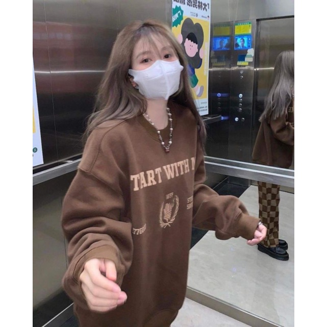 Áo Nỉ Nâu Start With Me Nữ[FREESHIP]Sweater from rộng tay bồng trendy
