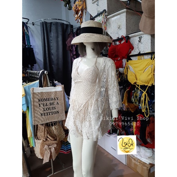 Bikini Len Đi Biển, Set Ren 3 Món Quảng Châu Tua Rua Tam Giác Vivi Shop
