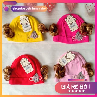 (cho chọn màu) Mũ sơ sinh cotton mềm mịn có tóc/ Nón em bé gái dưới 4 tháng