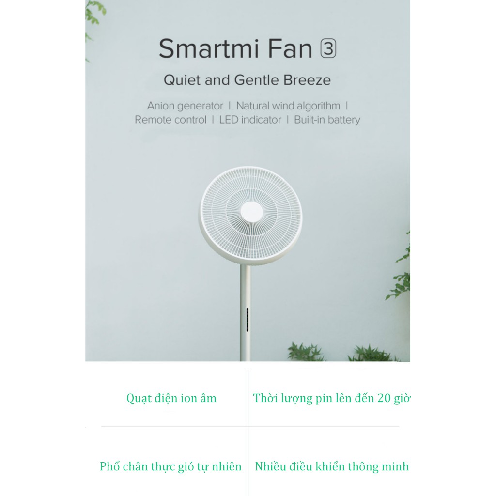 Quạt Đứng Tích Điện Xiaomi Smartmi Fan 3 Quạt không dây Điều khiển qua App thông minh Bảo hành 6 tháng