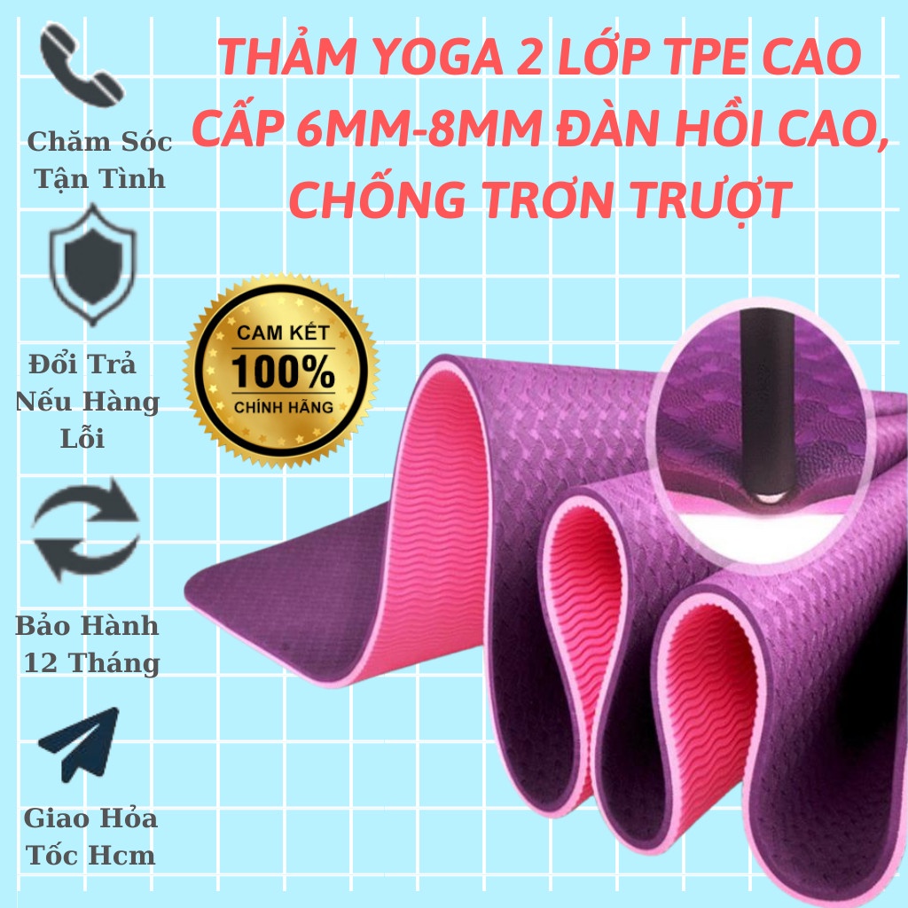 Thảm Tập Yoga Gym 2 Lớp TPE Chống Trơn Trượt 6mm-8mm tập tại nhà [Hàng Chính Hãng].