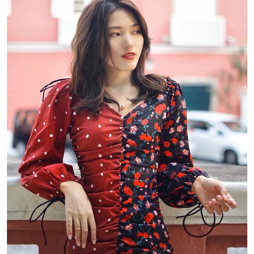 Đầm Hoa Tay Dài Màu Đỏ Đen 63723