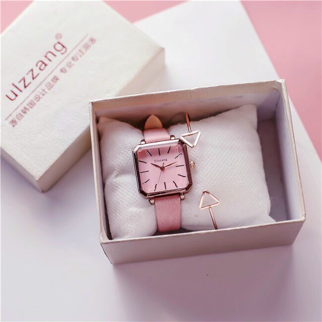 Đồng hồ thời trang nữ Ulzzang mặt vuông dây da và dây lưới QA572