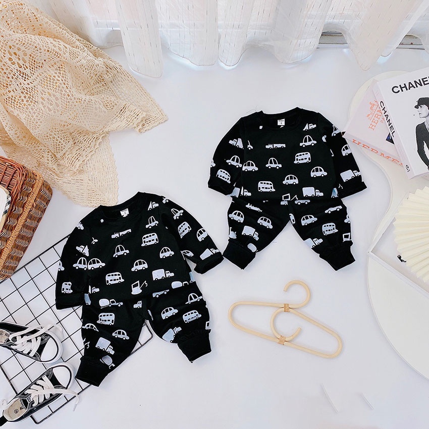 Bộ Quần Áo Dài Tay Thu Đông In Hình Xe Ô Tô Đen Ghi Vải Cotton Cho Bé Từ  8 - 21kg Mã DT 35