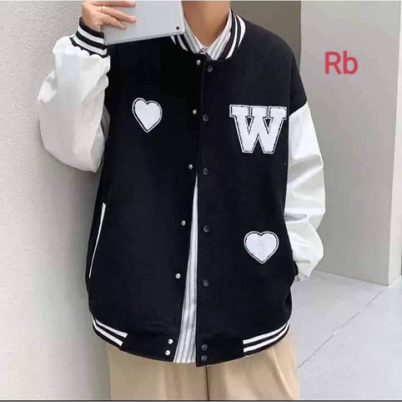 Áo Khoác Bomber Nỉ Chữ W Tim Đáng Yêu