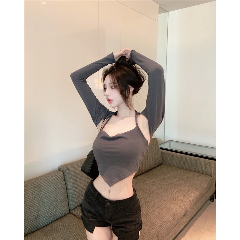 Set áo yếm mỏng và áo khoác choàng tay dài dáng ngắn phong cách Hàn Quốc thời trang dành cho nữ (Có bán lẻ)