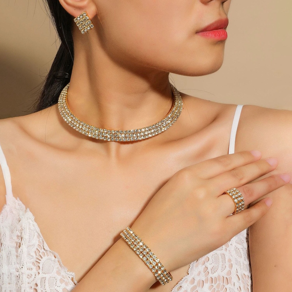 1 Bộ Trang Sức Vòng Tay Nhẫn Bông Tai Họa Tiết Hình Học Đính Đá Lấp Lánh Bắt Mắt Cho Đám Cưới