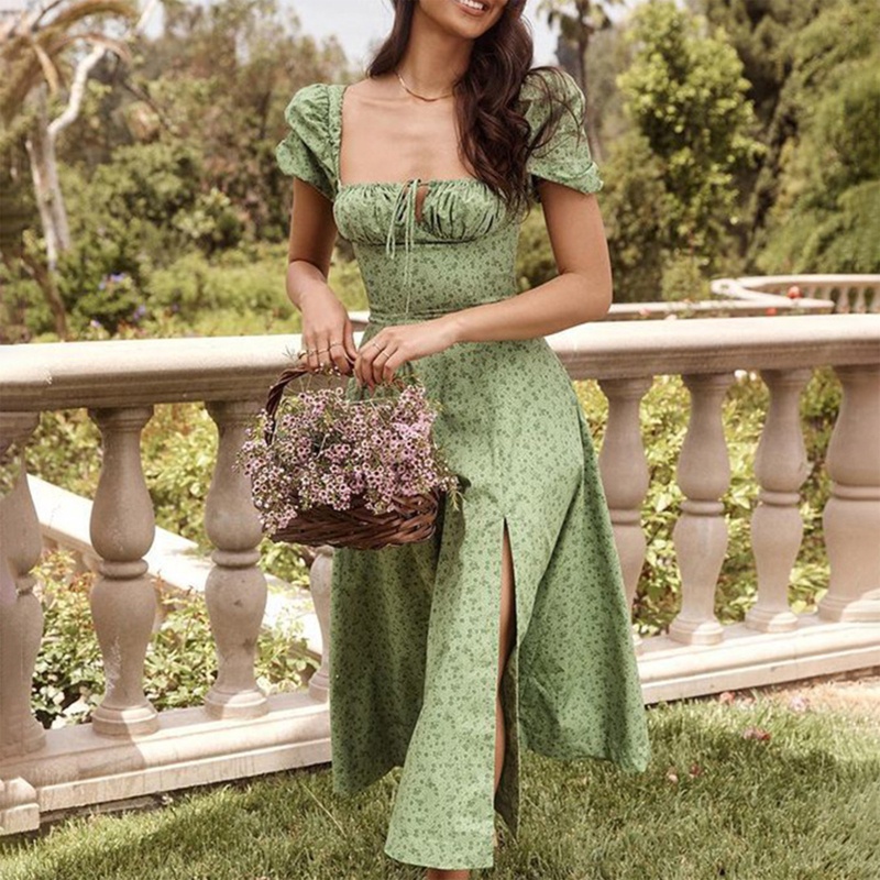 Đầm Midi Dáng Chữ A Tay Ngắn Cổ Vuông In Họa Tiết Hoa Phối Dây Cột Thời Trang Cổ Điển Quyến Rũ Cho Nữ