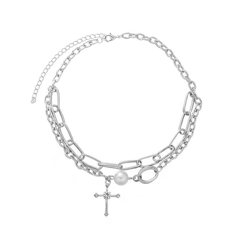 Vòng cổ Hai Lớp Đính Đá Và Ngọc Trai Phong Cách Hip Hop Thời Trang Cho Nữ