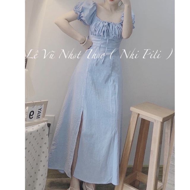 Váy Maxi Dáng Dài Trễ Vai Cổ Vuông Tay Bồng Xẻ Tà Hở Lưng Đi Biển Chun Lưng