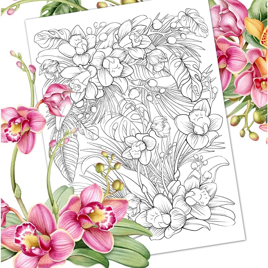 Tranh tô màu nước line art Flowers, bộ 12 tranh giấy dầy đẹp