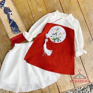 Áo dài cho bé - Áo dài nhung tăm cho bé gái thêu hoa mai siêu xinh ADBG01