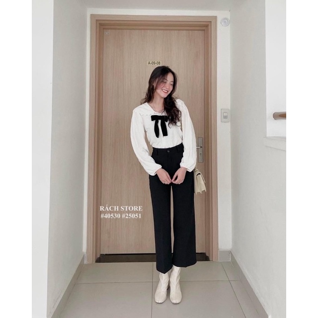 [RÁCH STORE] Áo kiểu cổ thuỷ thủ ren vải xốp hoa (28007)- Quần tây ống rộng 1 nút (10061)