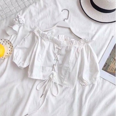 Áo croptop bệt vai đan dây tay phồng | BigBuy360 - bigbuy360.vn