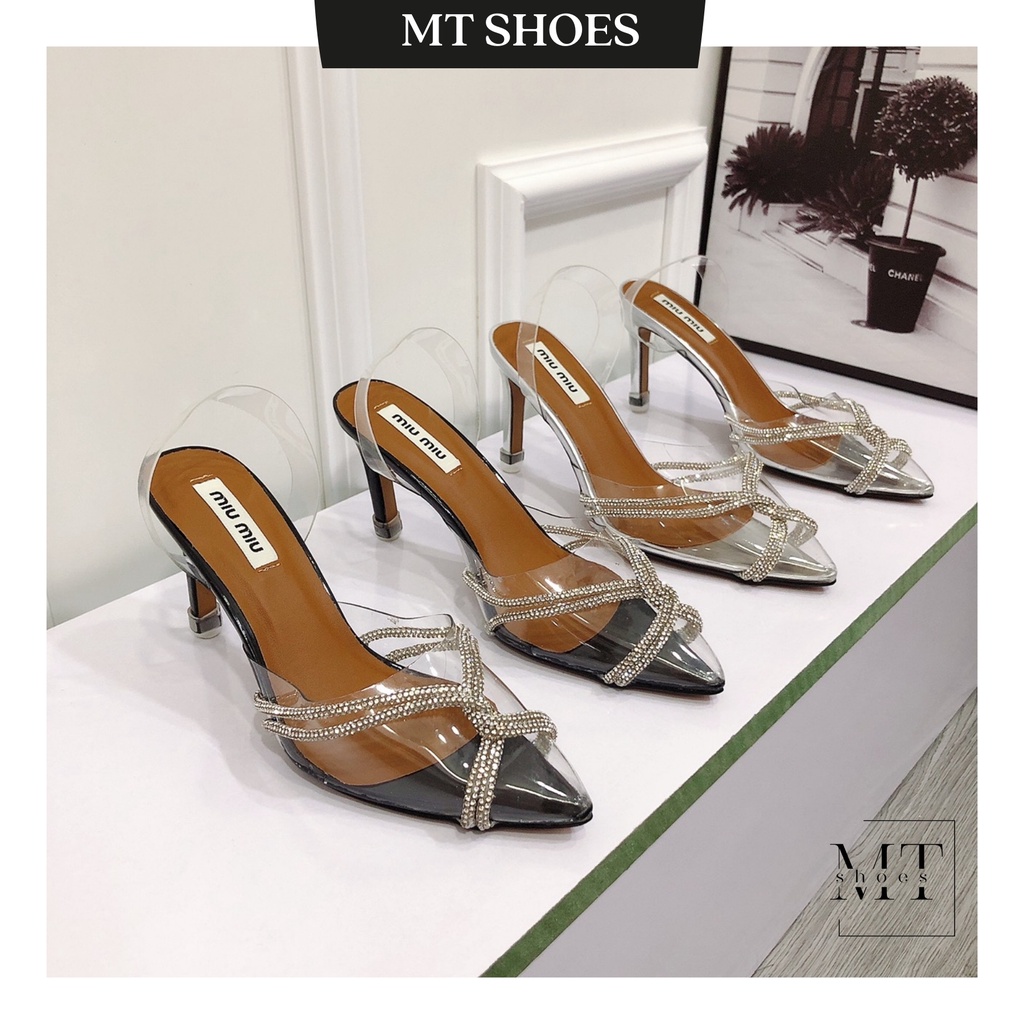 Giày Sandal quai trong gót nhọn phối dây xoàn cao 9 cm chất mica mềm kiểu dáng sang chảnh - Giày cao gót