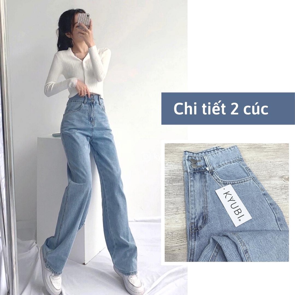 Quần jean nữ ulzzang ống rộng lưng cao 2 nút (có bigsize) - Quần jeans ống suông Kyubi NT2