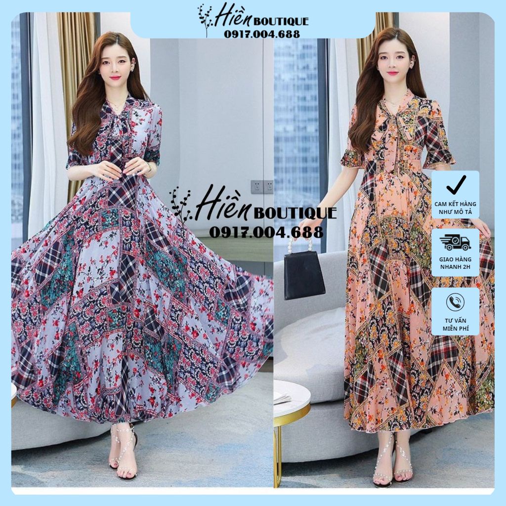 Váy Đi Biển Nữ Dáng Xòe – Đầm Maxi Dáng Dài Tay Lỡ Cổ Nơ Dự Tiệc, Đi Làm Sang Chảnh