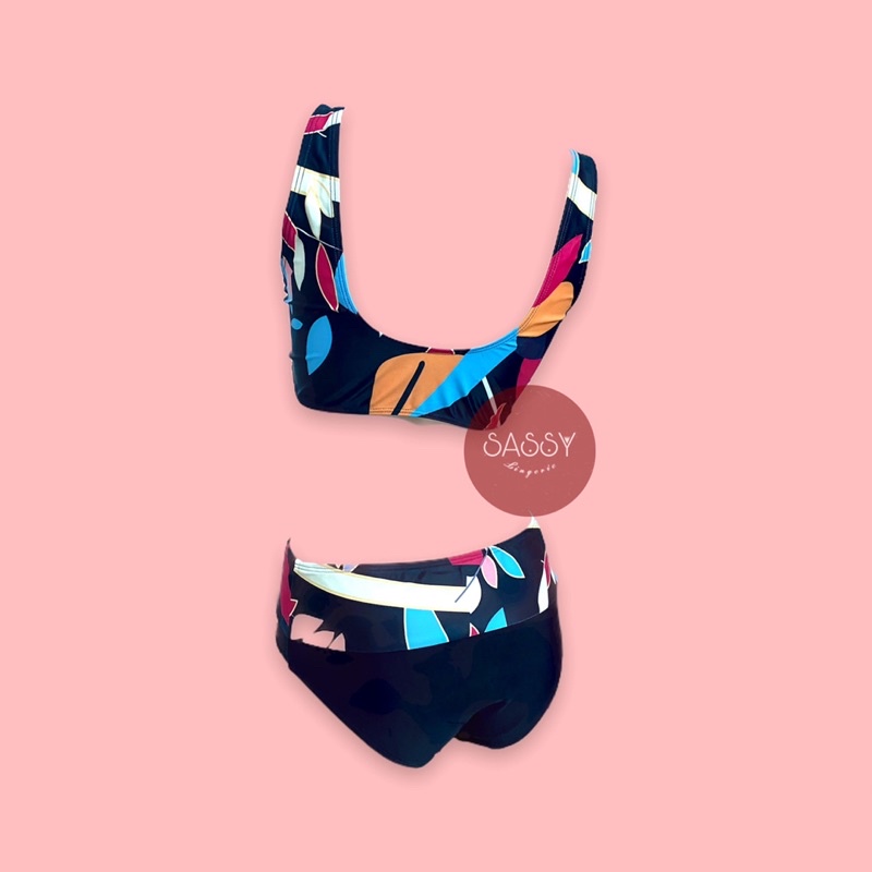 GISELA Bộ đồ bơi bikini 2 mảnh đen lưng cao che mỡ bụng hoạ tiết trung niên