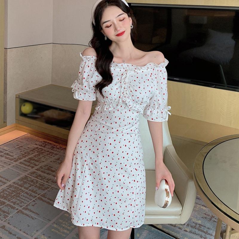 Đầm Nữ Ngắn Tay Cổ Vuông Họa Tiết Hoa Xinh Xắn Phong Cách Hàn Quốc