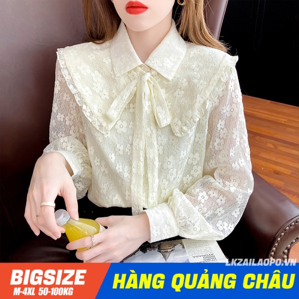 BIGSIZE nữ (45-70kg) Áo ren - Áo sơ mi kiểu ren đẹp cá tính trắng dài tay phối nơ xinh xắn thời trang theo - Phong cách Hàn Quốc - quảng châu cao cấp