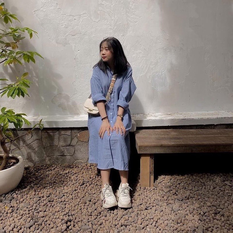 BLUE STRIPPED SHIRT DRESS - ĐẦM SƠ MI SỌC XANH DÁNG DÀI