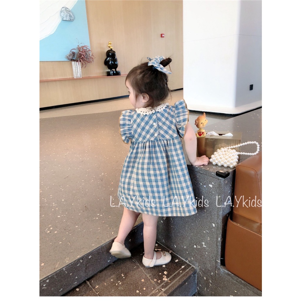 Váy Cánh Tiên Thô Mềm Sát Nách Tiểu Thư Điệu Đà Kẻ Caro Phối Cổ Ren L.A.Y kids